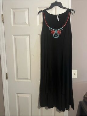 Black Sleeveless Beaded Midi Dress High Low Dress - Embellished Neckline